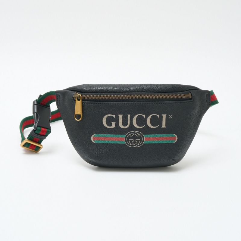 GUCCI グッチ プリント レザー スモール ウエストバッグ 527792 ボディバッグ レザー×キャンバス ブラック×ウェブストライプ×ゴールド  | MUSUBI