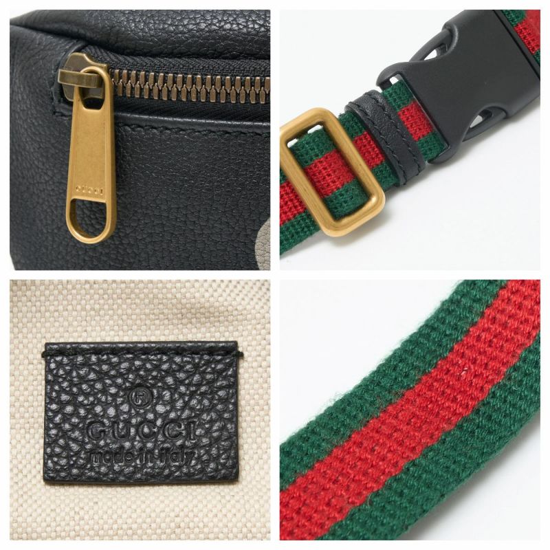 GUCCI グッチ プリント レザー スモール ウエストバッグ 527792 ボディバッグ レザー×キャンバス ブラック×ウェブストライプ×ゴールド  | MUSUBI